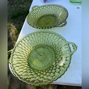 2 Indiana Glass company relish or candy dish avocado green honeycomb pattern